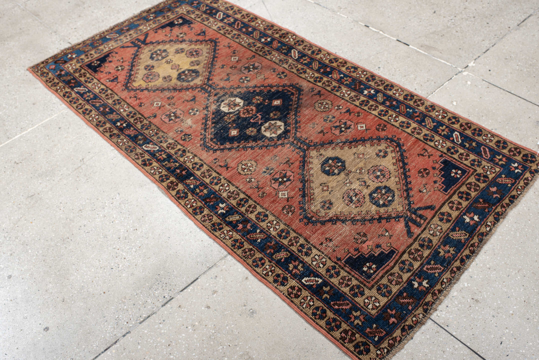 3' x 6' one-of-a-kind handmade vintage  runner rug. Color palette: antiquewhite, black, blue, brown, charcoal, gray