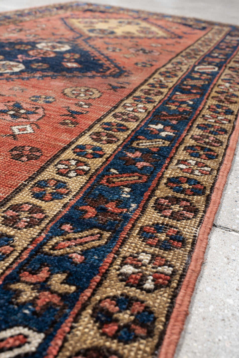 3' x 6' one-of-a-kind handmade vintage  runner rug. Color palette: antiquewhite, black, blue, brown, charcoal, gray