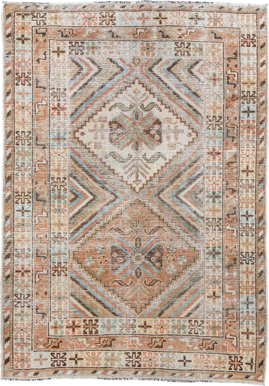 4' x 6' one-of-a-kind handmade vintage Afshar small size rug. Color palette: ivory, rust, camel, brown, pale_aqua, sage