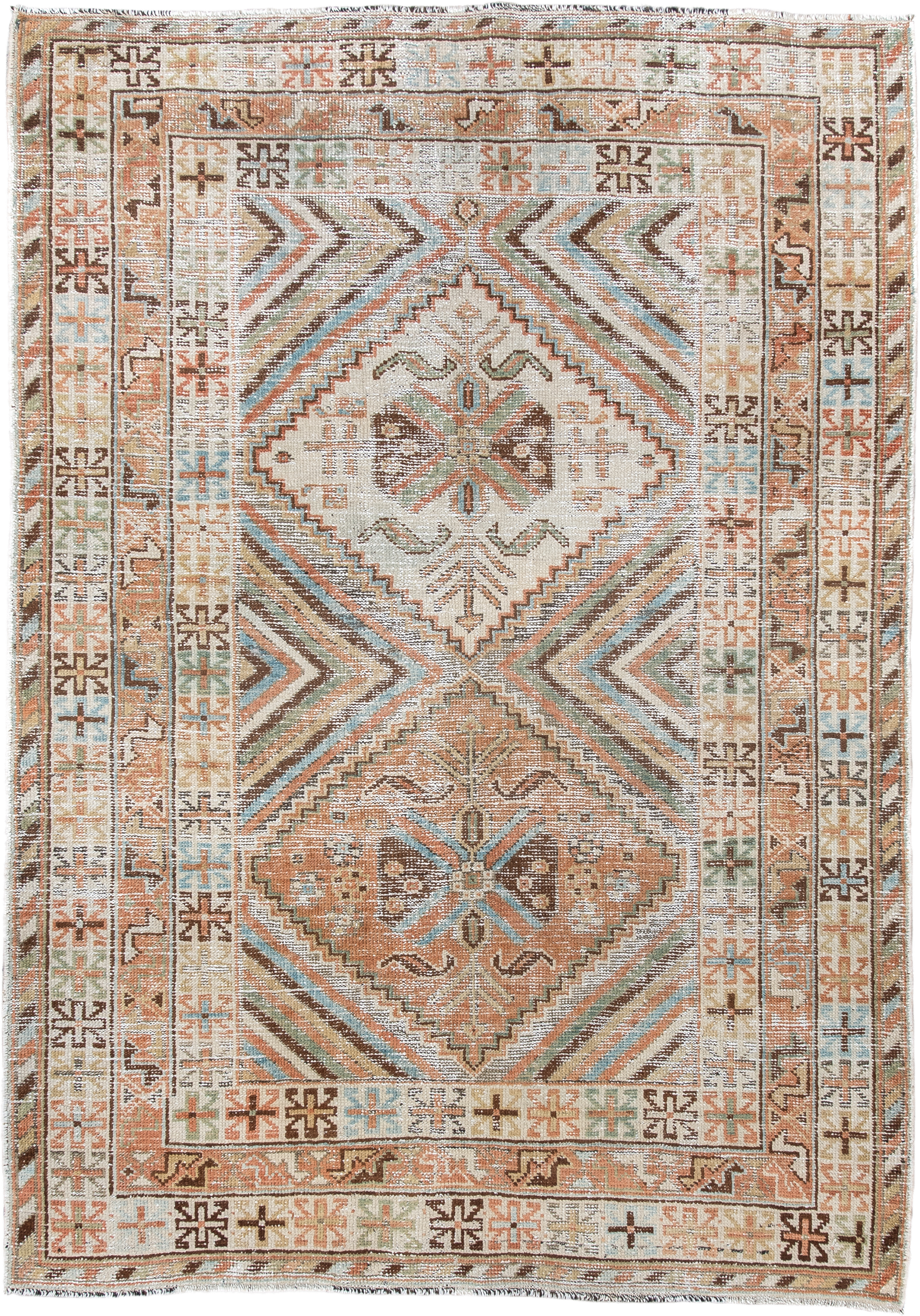 4' x 6' one-of-a-kind handmade vintage Afshar small size rug. Color palette: ivory, rust, camel, brown, pale_aqua, sage
