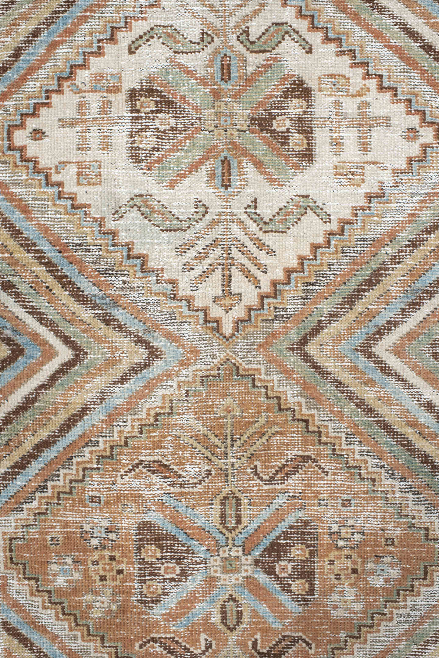 4' x 6' one-of-a-kind handmade vintage Afshar small size rug. Color palette: ivory, rust, camel, brown, pale_aqua, sage