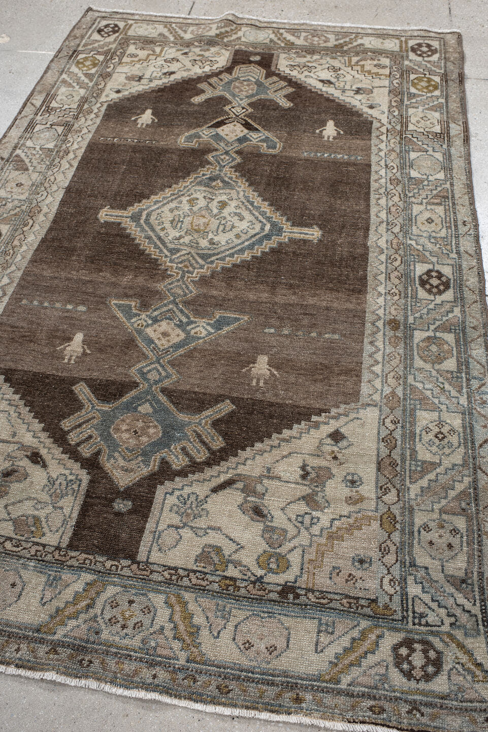 4' x 7' one-of-a-kind handmade vintage Hamadan rug. Color palette: brown, ivory, blue, taupe, camel, charcoal, sage, beige