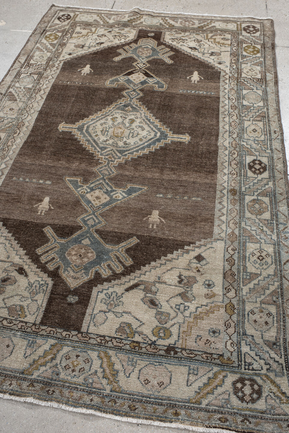4' x 7' one-of-a-kind handmade vintage Hamadan rug. Color palette: brown, ivory, blue, taupe, camel, charcoal, sage, beige