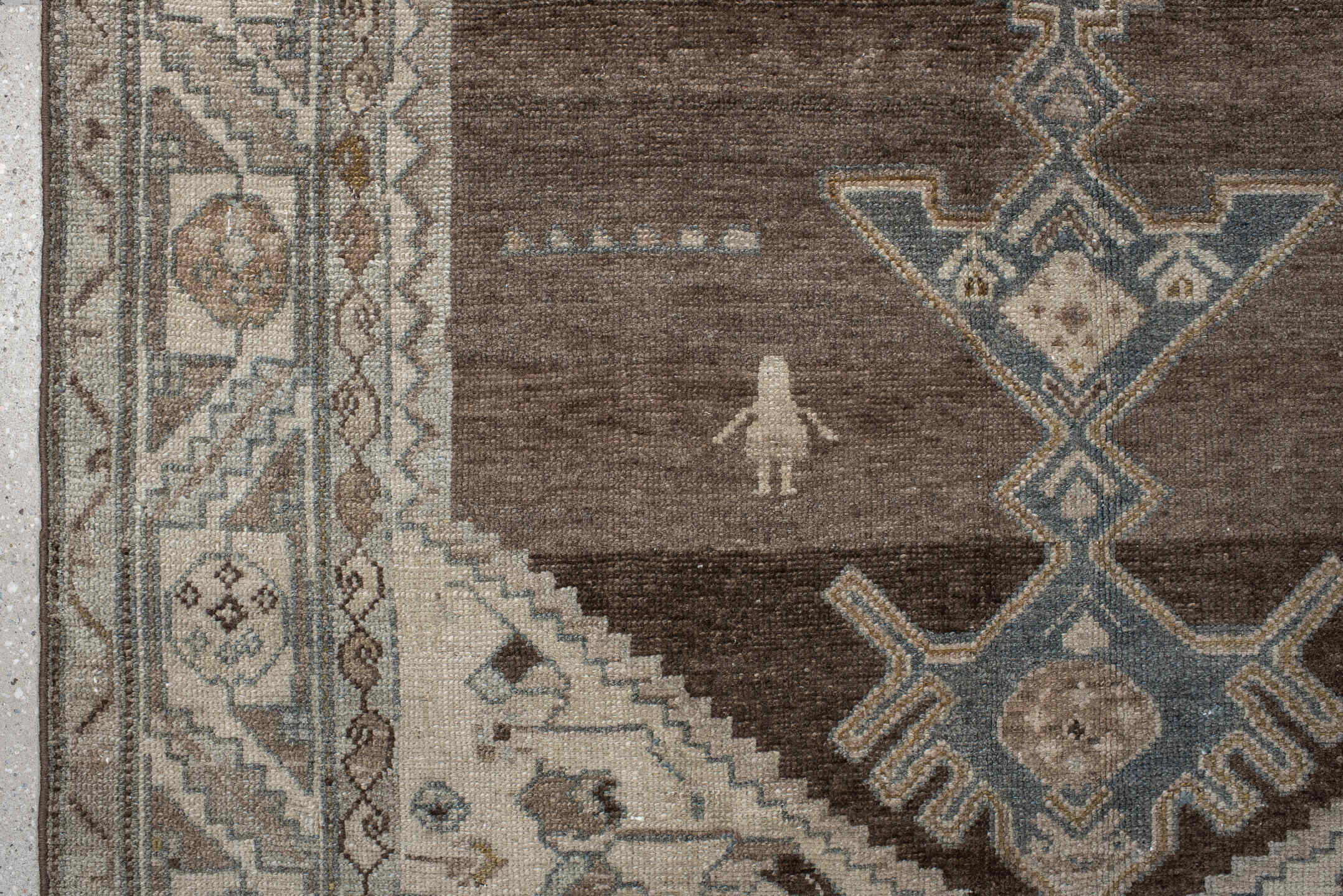 4' x 7' one-of-a-kind handmade vintage Hamadan rug. Color palette: brown, ivory, blue, taupe, camel, charcoal, sage, beige