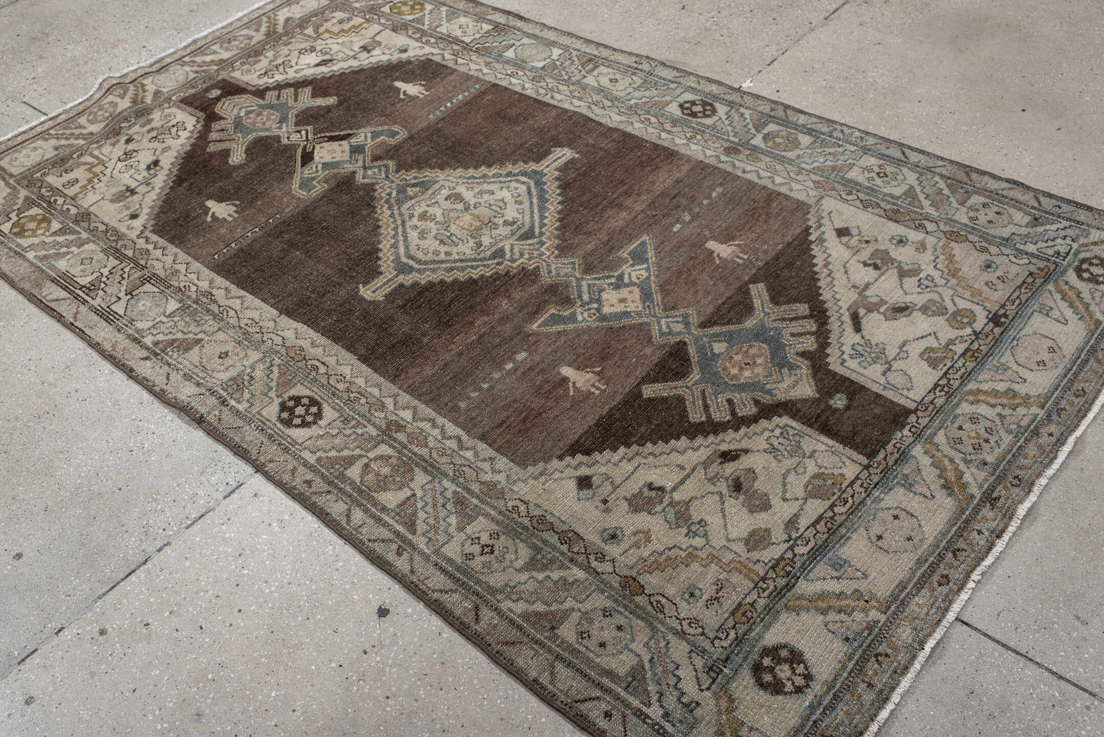 4' x 7' one-of-a-kind handmade vintage Hamadan rug. Color palette: brown, ivory, blue, taupe, camel, charcoal, sage, beige