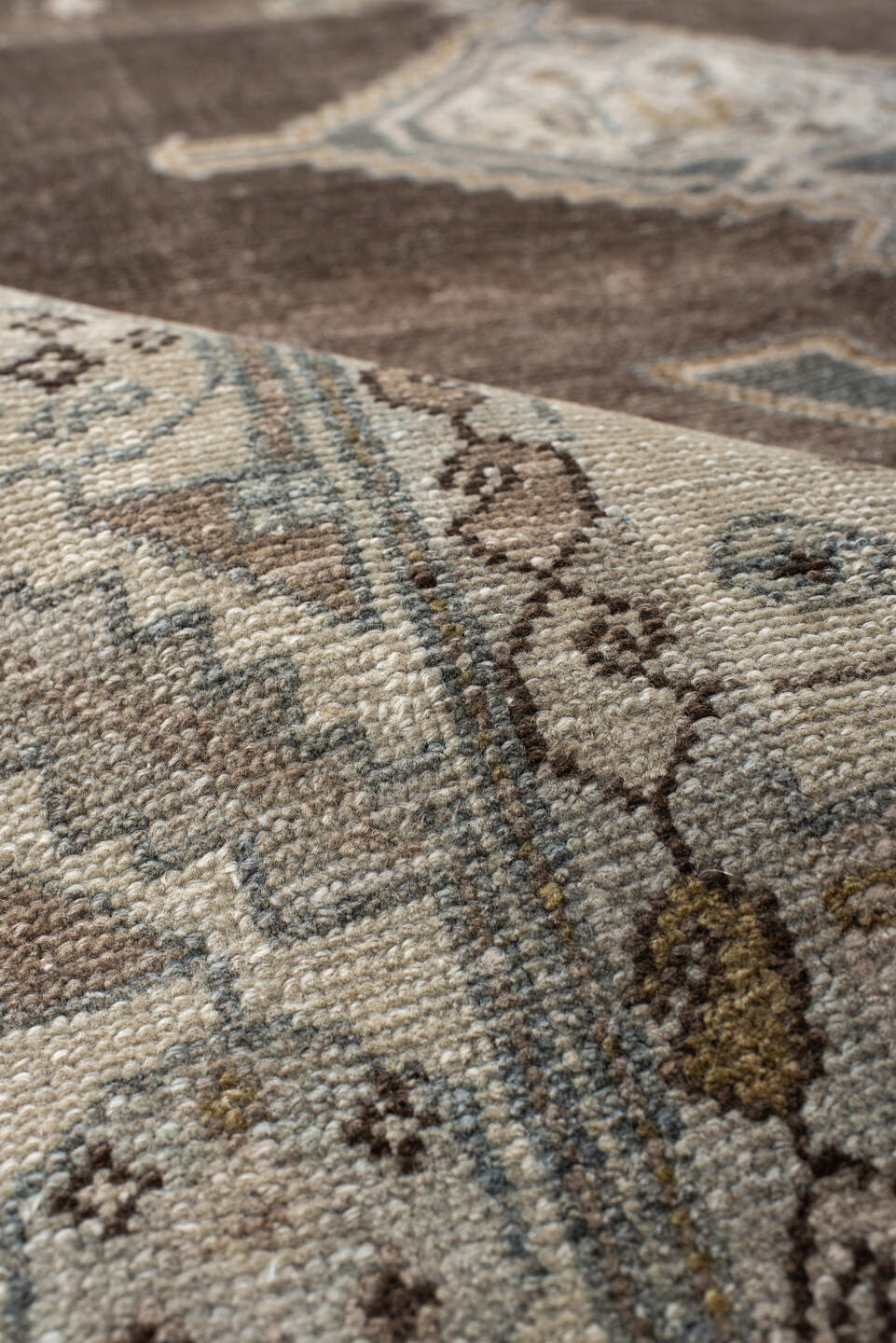 4' x 7' one-of-a-kind handmade vintage Hamadan rug. Color palette: brown, ivory, blue, taupe, camel, charcoal, sage, beige