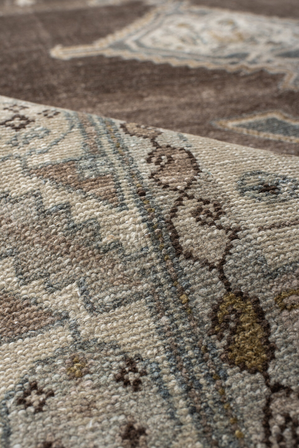 4' x 7' one-of-a-kind handmade vintage Hamadan rug. Color palette: brown, ivory, blue, taupe, camel, charcoal, sage, beige
