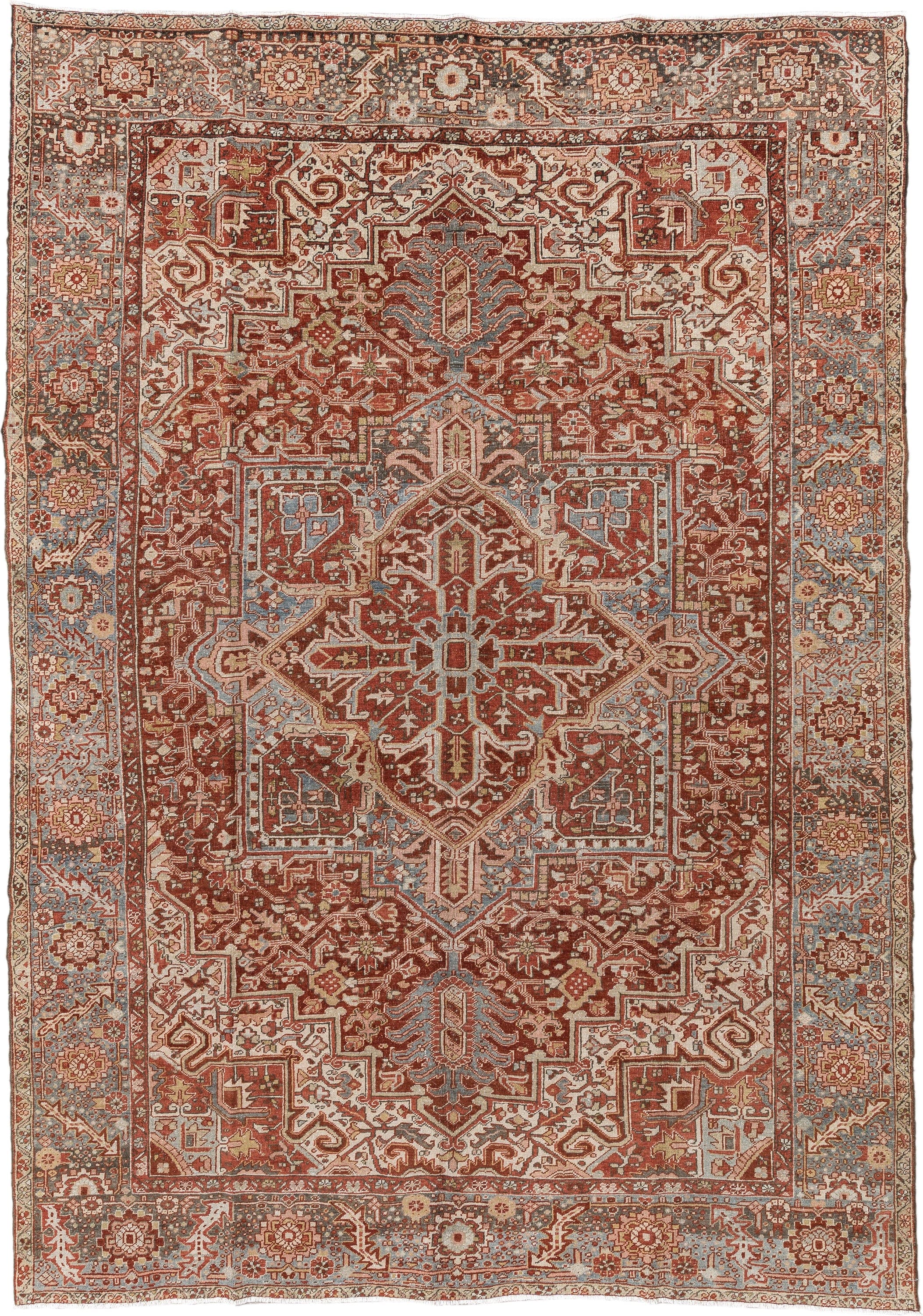 8' x 11' one-of-a-kind handmade vintage Heriz large size rug. Color palette: terracotta, sky blue, ivory, rust, taupe, camel