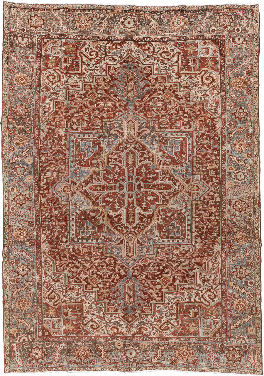 8' x 11' one-of-a-kind handmade vintage Heriz large size rug. Color palette: terracotta, sky blue, ivory, rust, taupe, camel