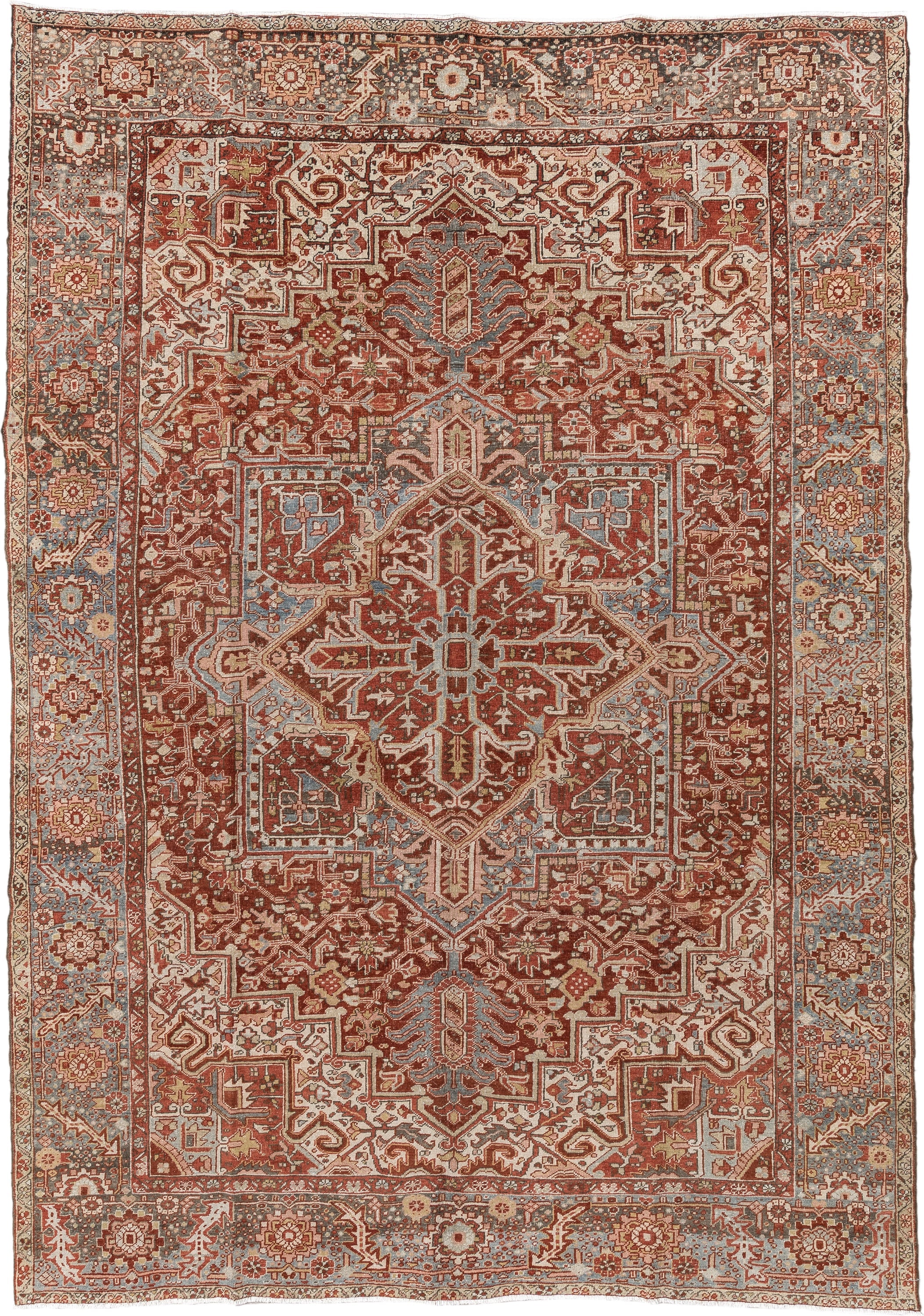 8' x 11' one-of-a-kind handmade vintage Heriz large size rug. Color palette: terracotta, sky blue, ivory, rust, taupe, camel