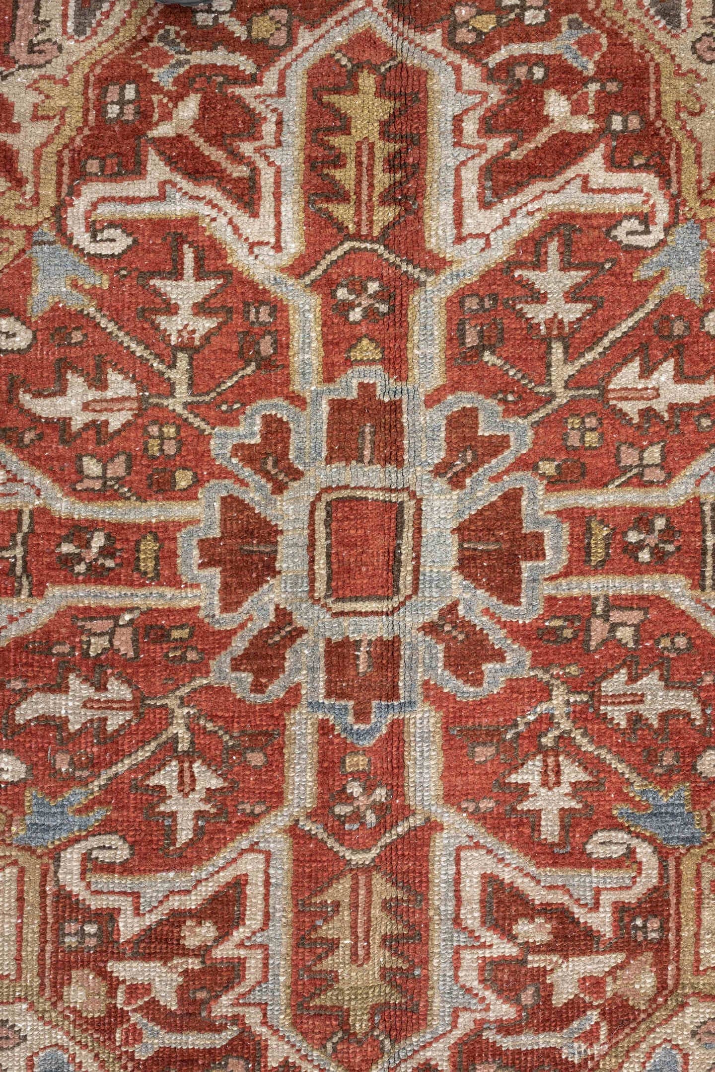 8' x 11' one-of-a-kind handmade vintage Heriz large size rug. Color palette: terracotta, sky blue, ivory, rust, taupe, camel