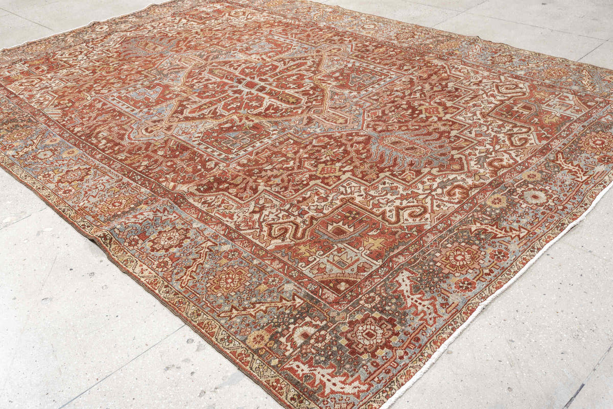 8' x 11' one-of-a-kind handmade vintage Heriz large size rug. Color palette: terracotta, sky blue, ivory, rust, taupe, camel