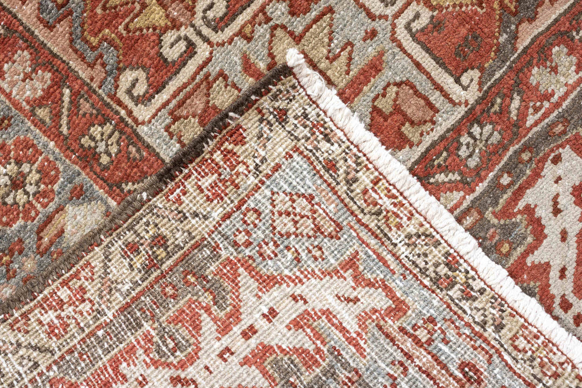 8' x 11' one-of-a-kind handmade vintage Heriz large size rug. Color palette: terracotta, sky blue, ivory, rust, taupe, camel