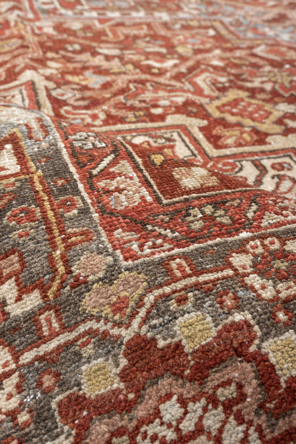 8' x 11' one-of-a-kind handmade vintage Heriz large size rug. Color palette: terracotta, sky blue, ivory, rust, taupe, camel
