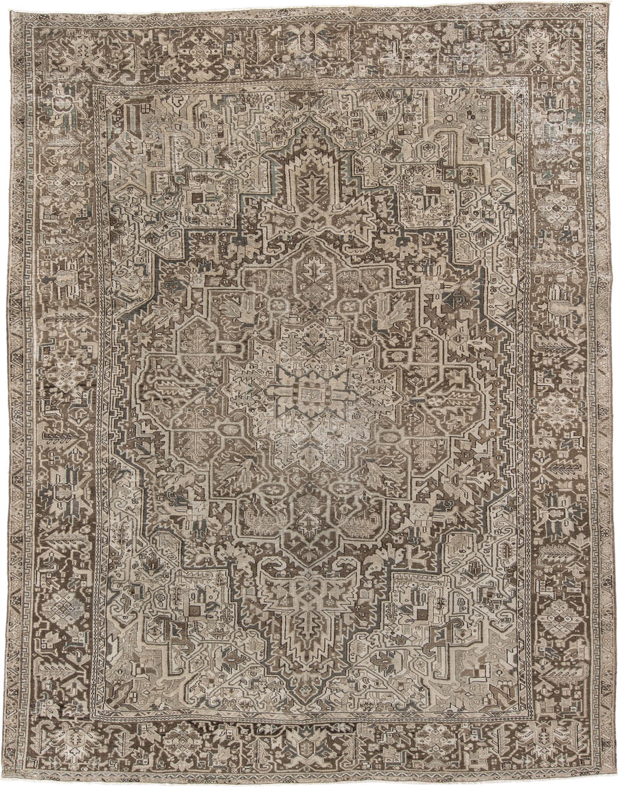 9' x 11' one-of-a-kind handmade vintage Heriz large size rug. Color palette: taupe, ivory, brown, camel, charcoal, sage
