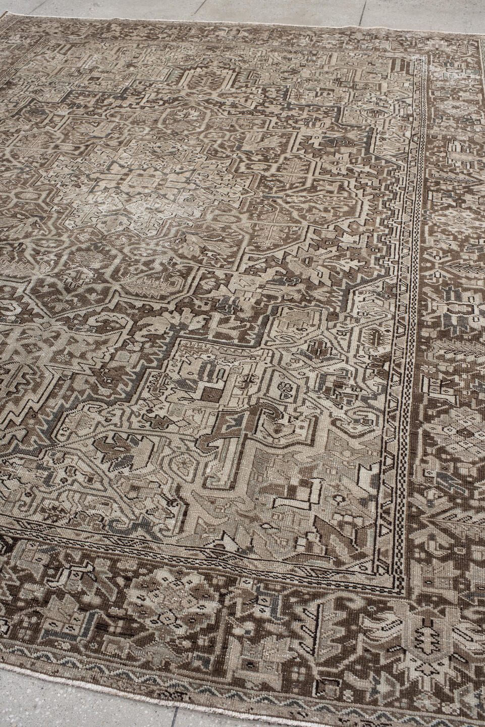 9' x 11' one-of-a-kind handmade vintage Heriz large size rug. Color palette: taupe, ivory, brown, camel, charcoal, sage