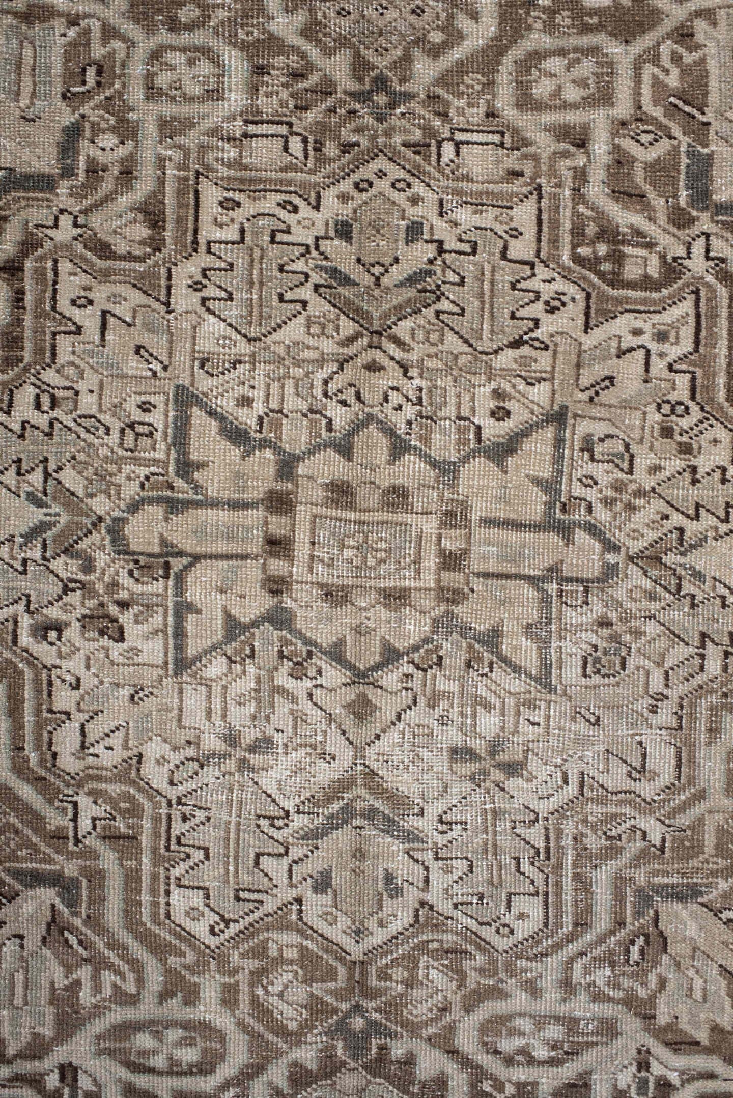 9' x 11' one-of-a-kind handmade vintage Heriz large size rug. Color palette: taupe, ivory, brown, camel, charcoal, sage