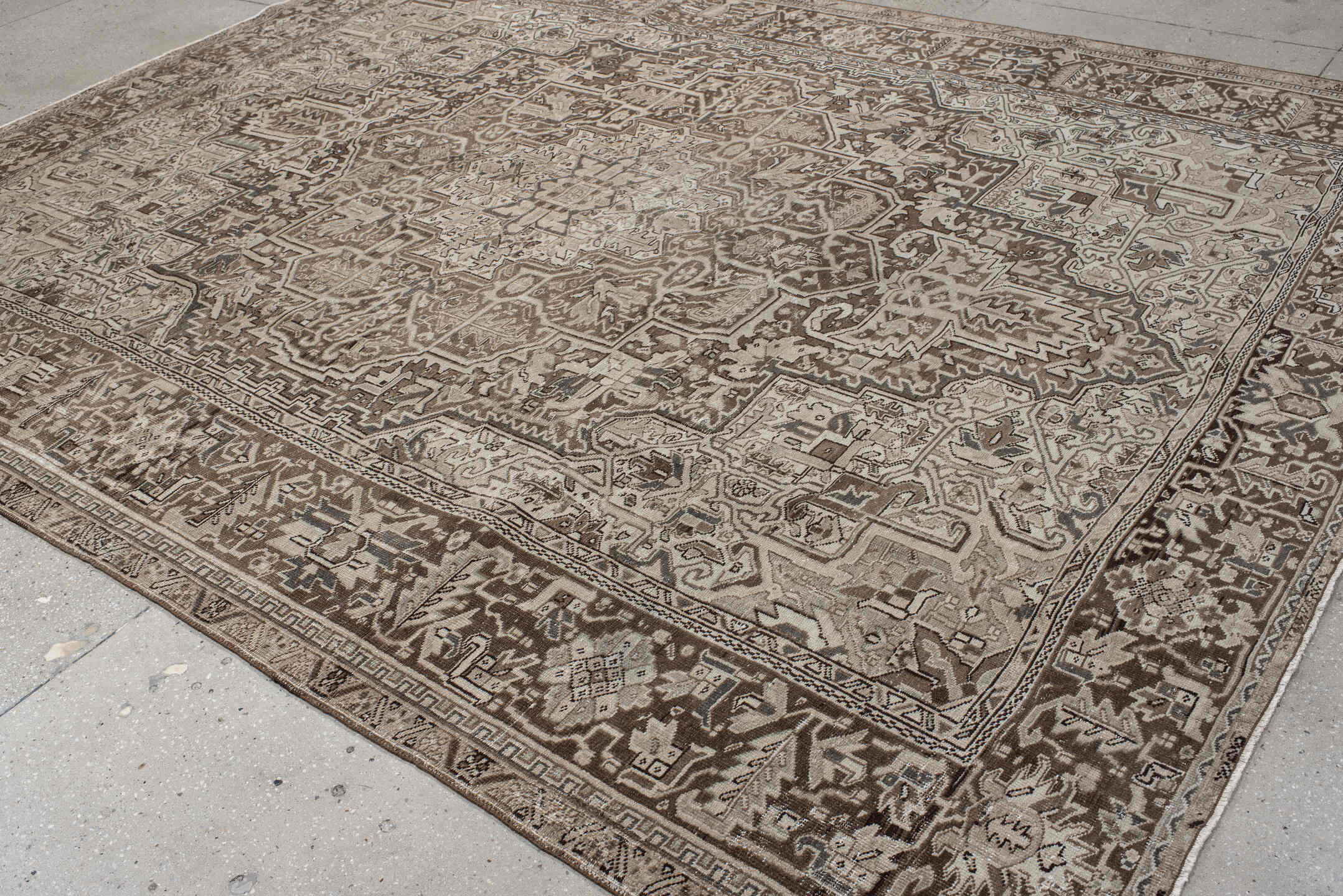9' x 11' one-of-a-kind handmade vintage Heriz large size rug. Color palette: taupe, ivory, brown, camel, charcoal, sage