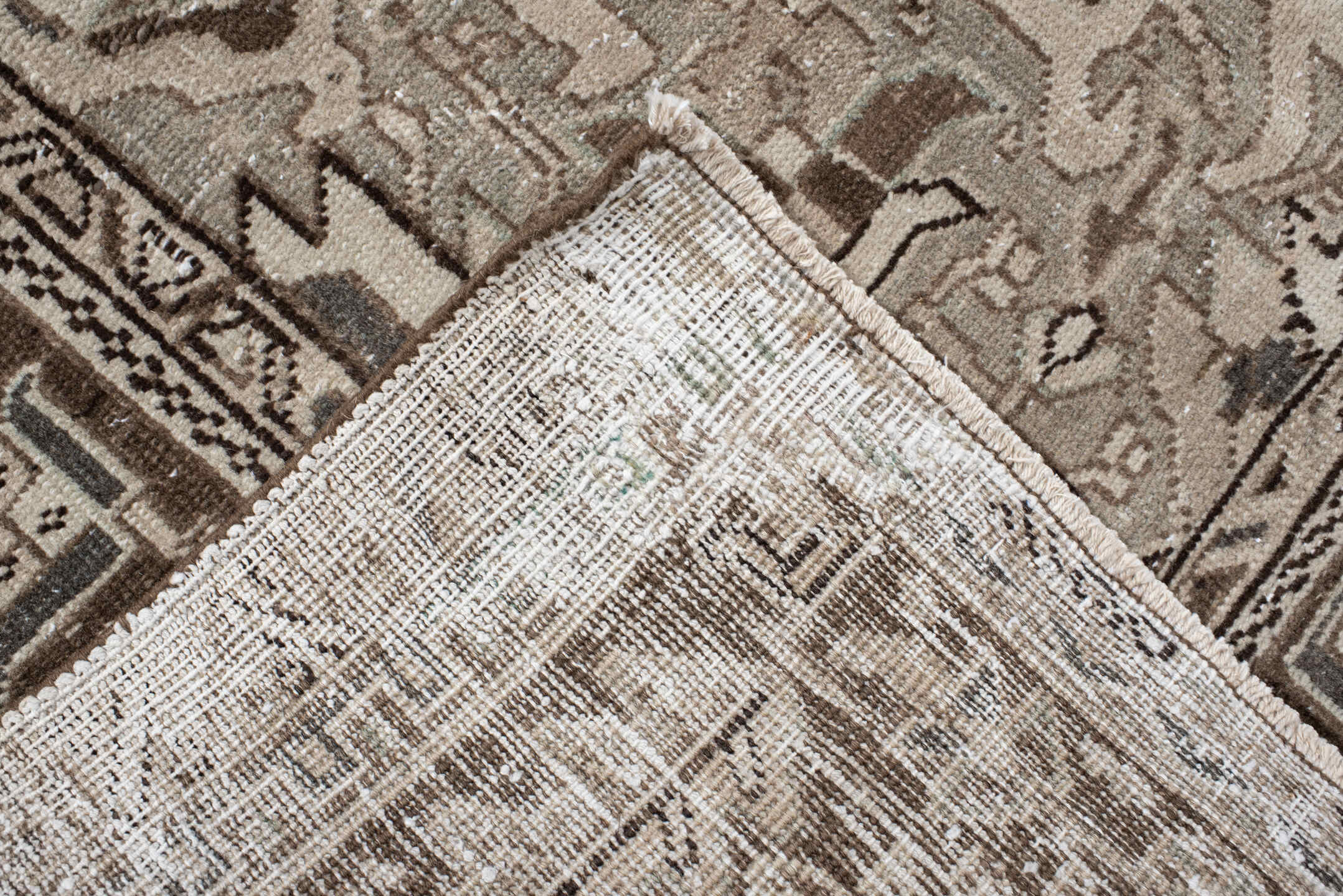 9' x 11' one-of-a-kind handmade vintage Heriz large size rug. Color palette: taupe, ivory, brown, camel, charcoal, sage