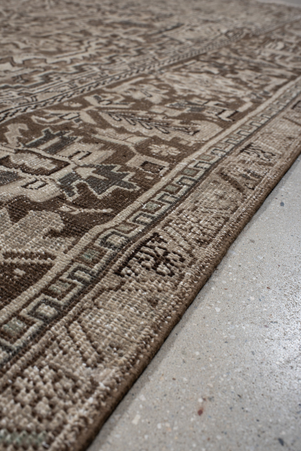 9' x 11' one-of-a-kind handmade vintage Heriz large size rug. Color palette: taupe, ivory, brown, camel, charcoal, sage