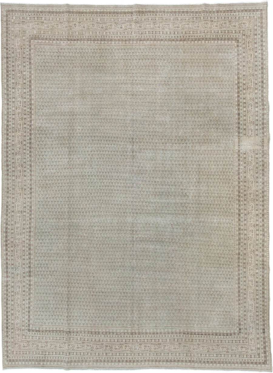 10' x 13' one-of-a-kind handmade vintage Mir large size rug. Color palette: ivory, taupe, beige, sand, camel, light brown