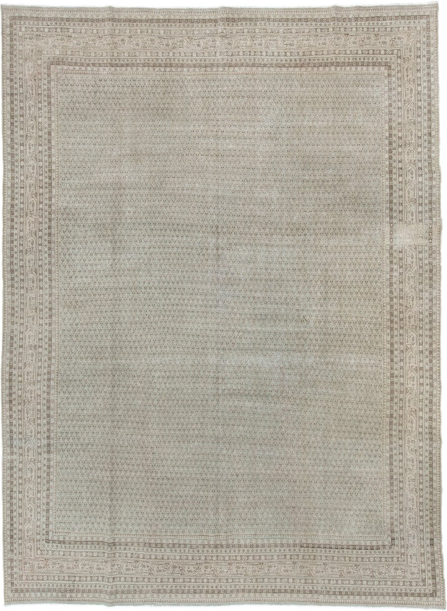 10' x 13' one-of-a-kind handmade vintage Mir large size rug. Color palette: ivory, taupe, beige, sand, camel, light brown