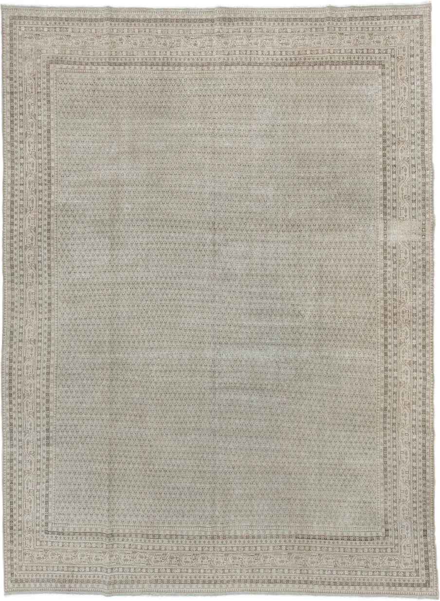 10' x 13' one-of-a-kind handmade vintage Mir large size rug. Color palette: ivory, taupe, beige, sand, camel, light brown