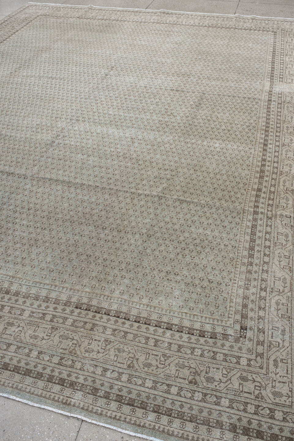 10' x 13' one-of-a-kind handmade vintage Mir large size rug. Color palette: ivory, taupe, beige, sand, camel, light brown