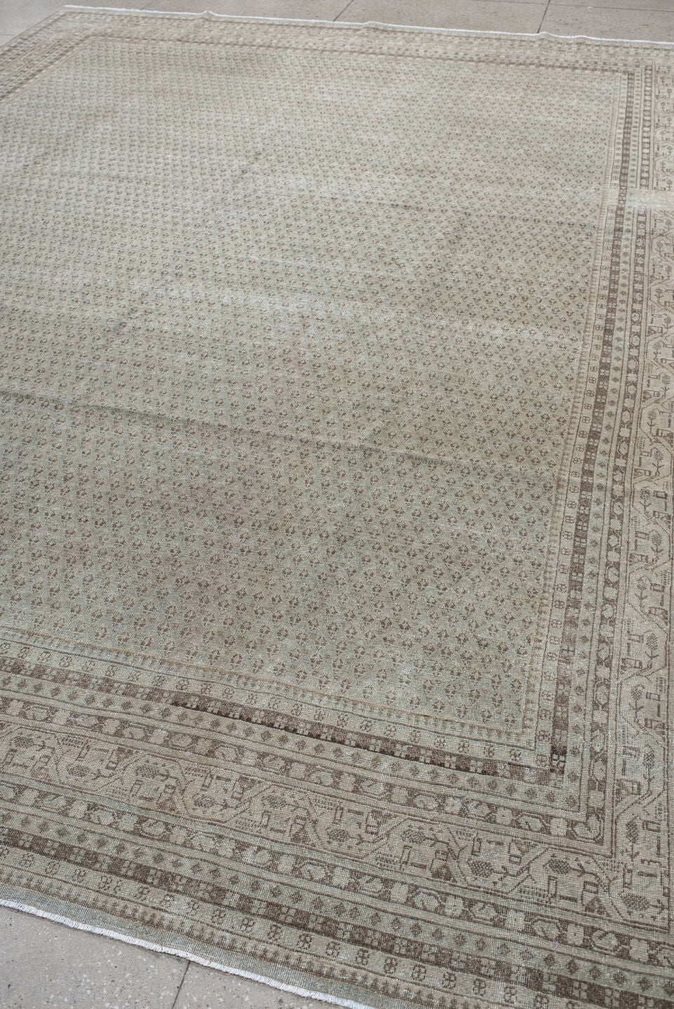 10' x 13' one-of-a-kind handmade vintage Mir large size rug. Color palette: ivory, taupe, beige, sand, camel, light brown