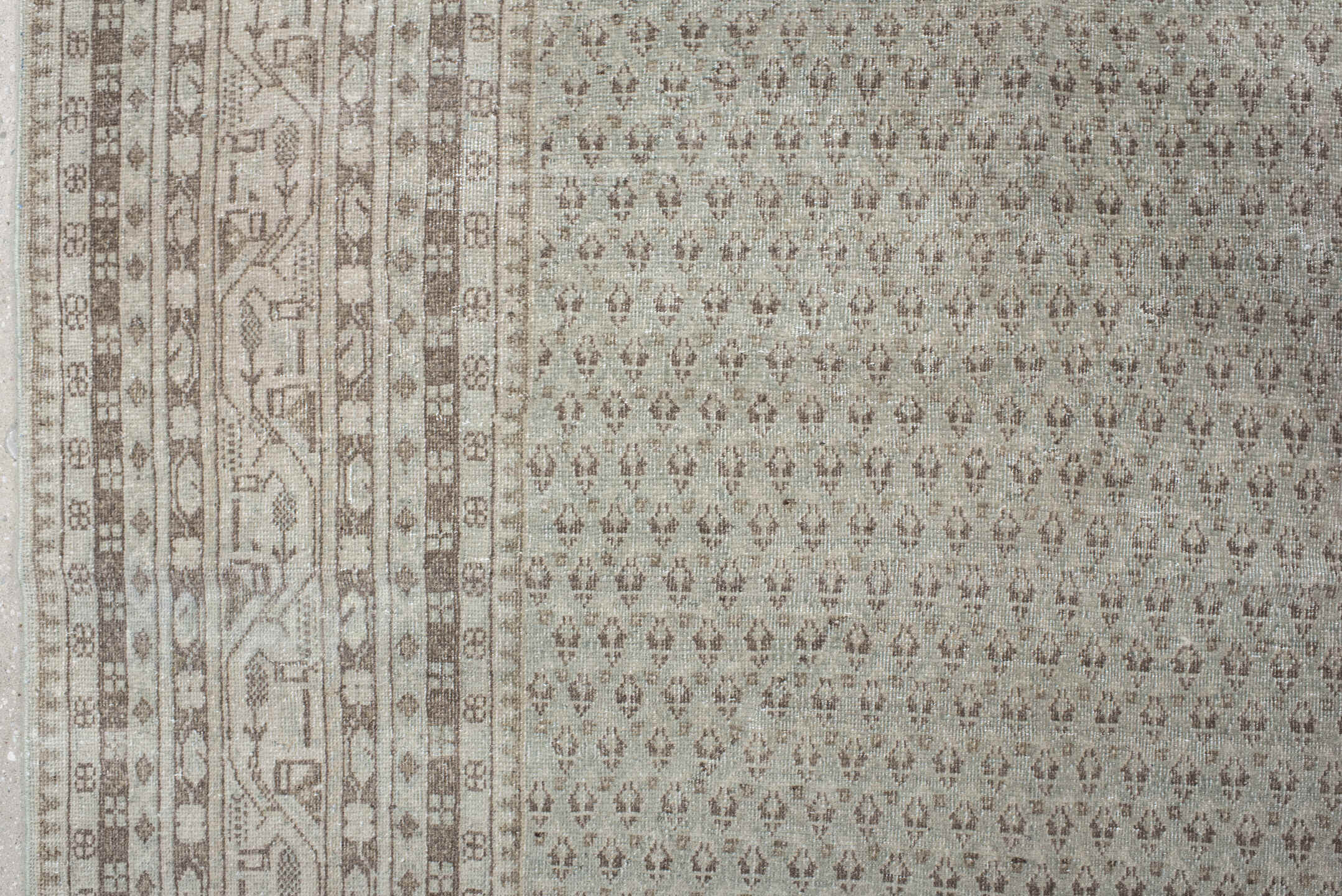 10' x 13' one-of-a-kind handmade vintage Mir large size rug. Color palette: ivory, taupe, beige, sand, camel, light brown