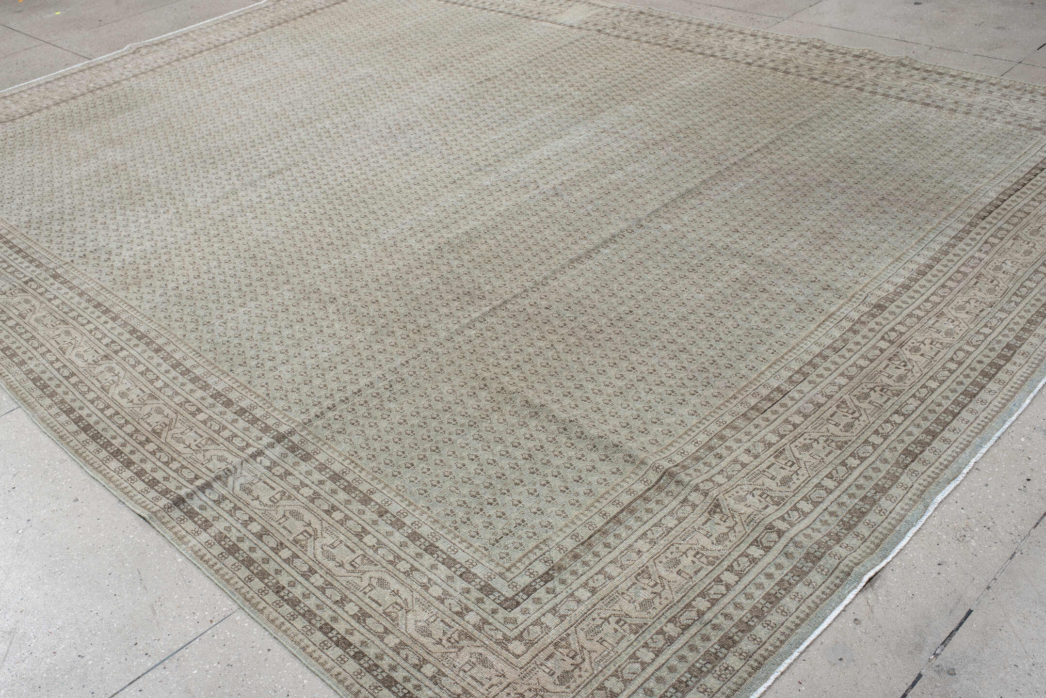 10' x 13' one-of-a-kind handmade vintage Mir large size rug. Color palette: ivory, taupe, beige, sand, camel, light brown