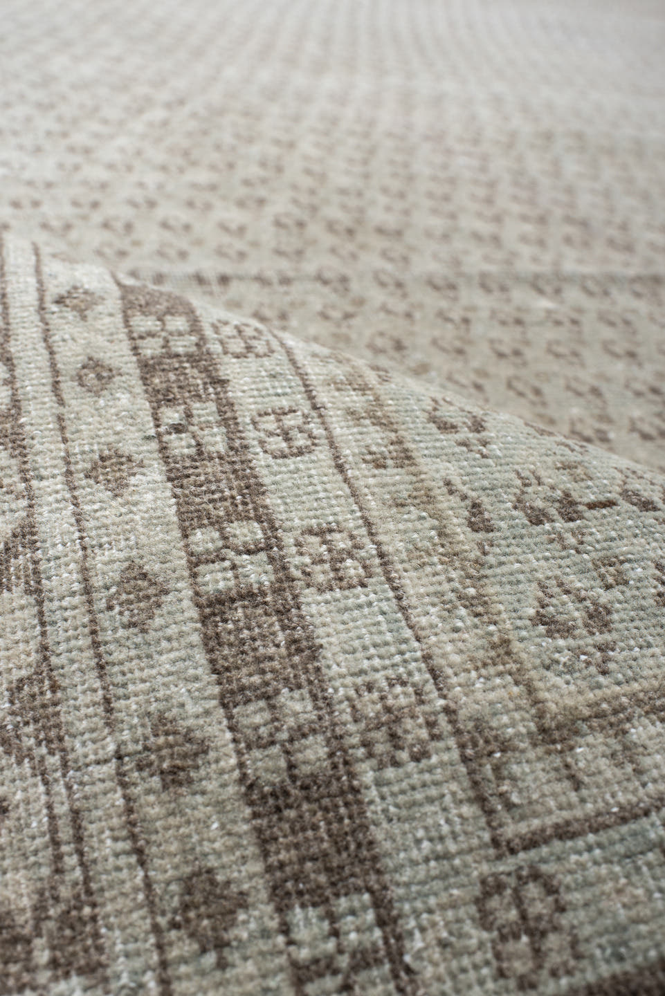 10' x 13' one-of-a-kind handmade vintage Mir large size rug. Color palette: ivory, taupe, beige, sand, camel, light brown