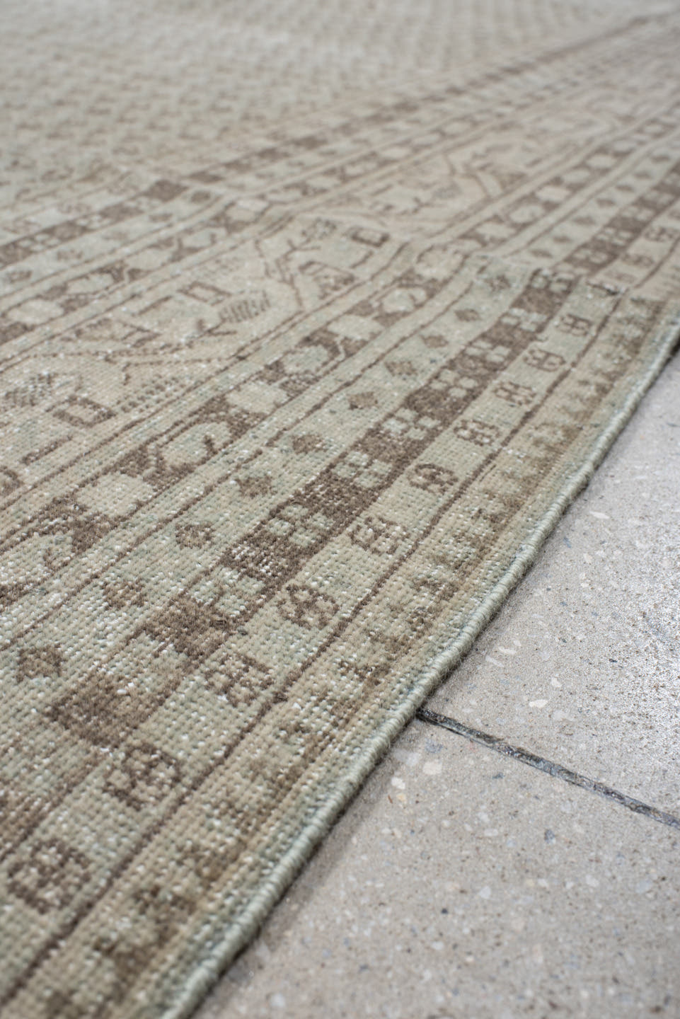 10' x 13' one-of-a-kind handmade vintage Mir large size rug. Color palette: ivory, taupe, beige, sand, camel, light brown
