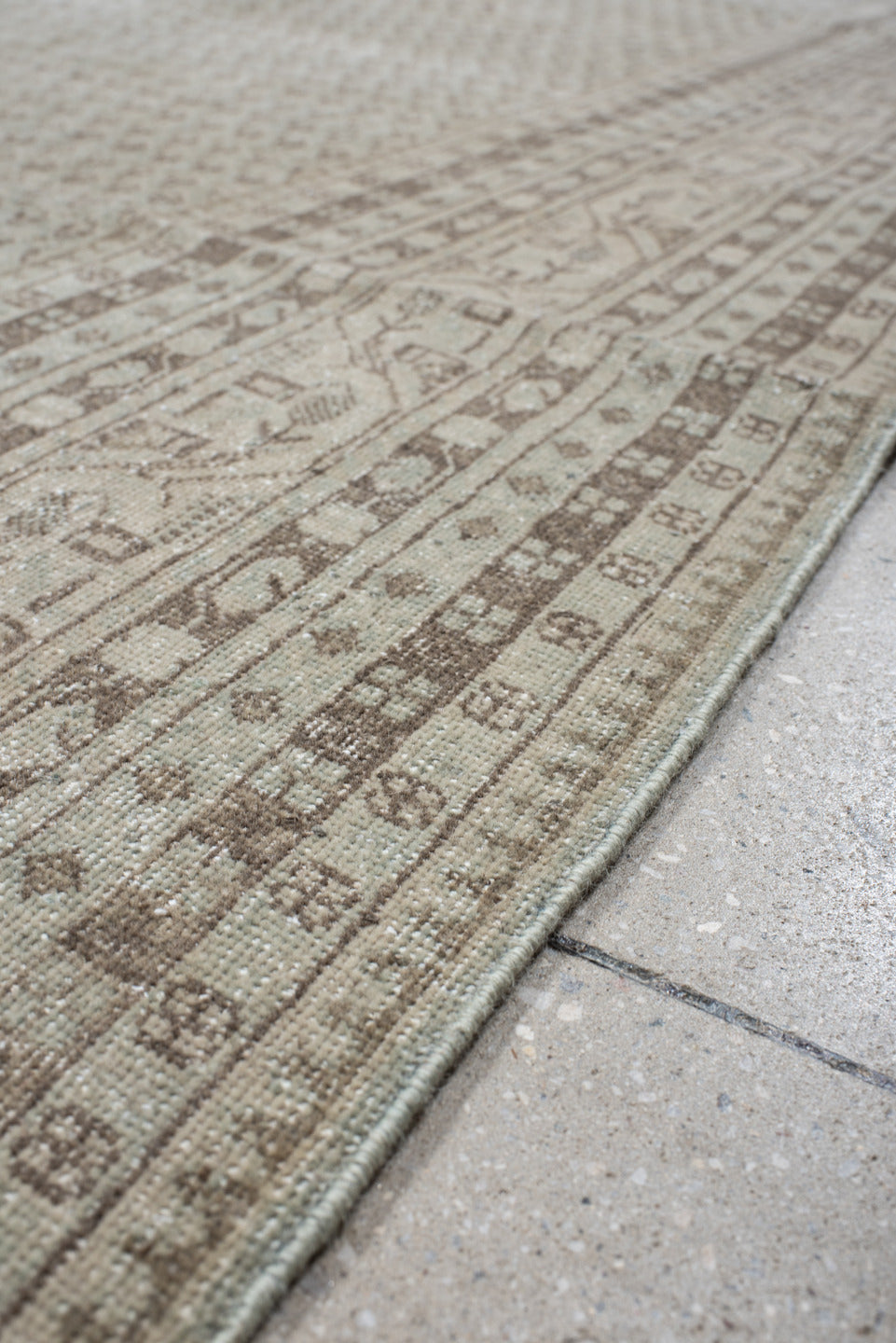 10' x 13' one-of-a-kind handmade vintage Mir large size rug. Color palette: ivory, taupe, beige, sand, camel, light brown