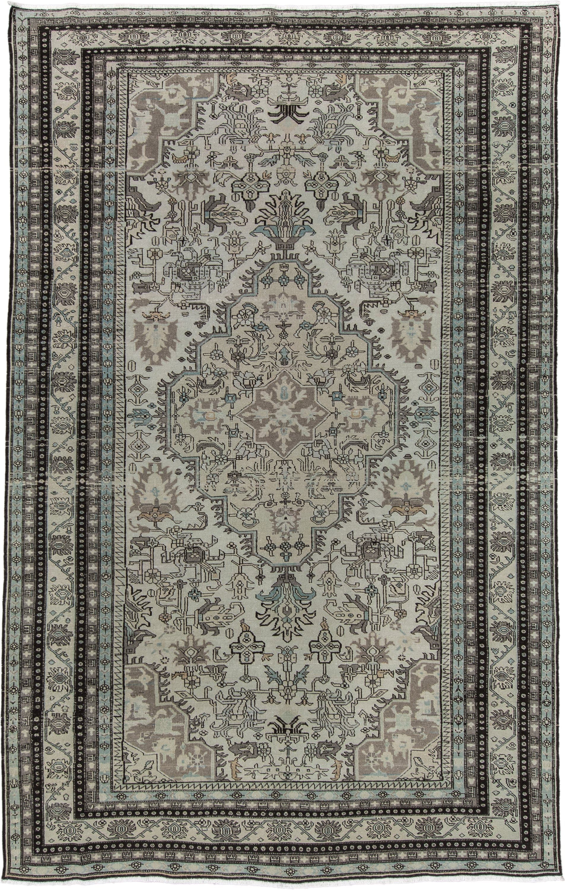 6' x 10' one-of-a-kind handmade vintage Ardebil large size rug. Color palette: ivory, taupe, charcoal, sky_blue, brown