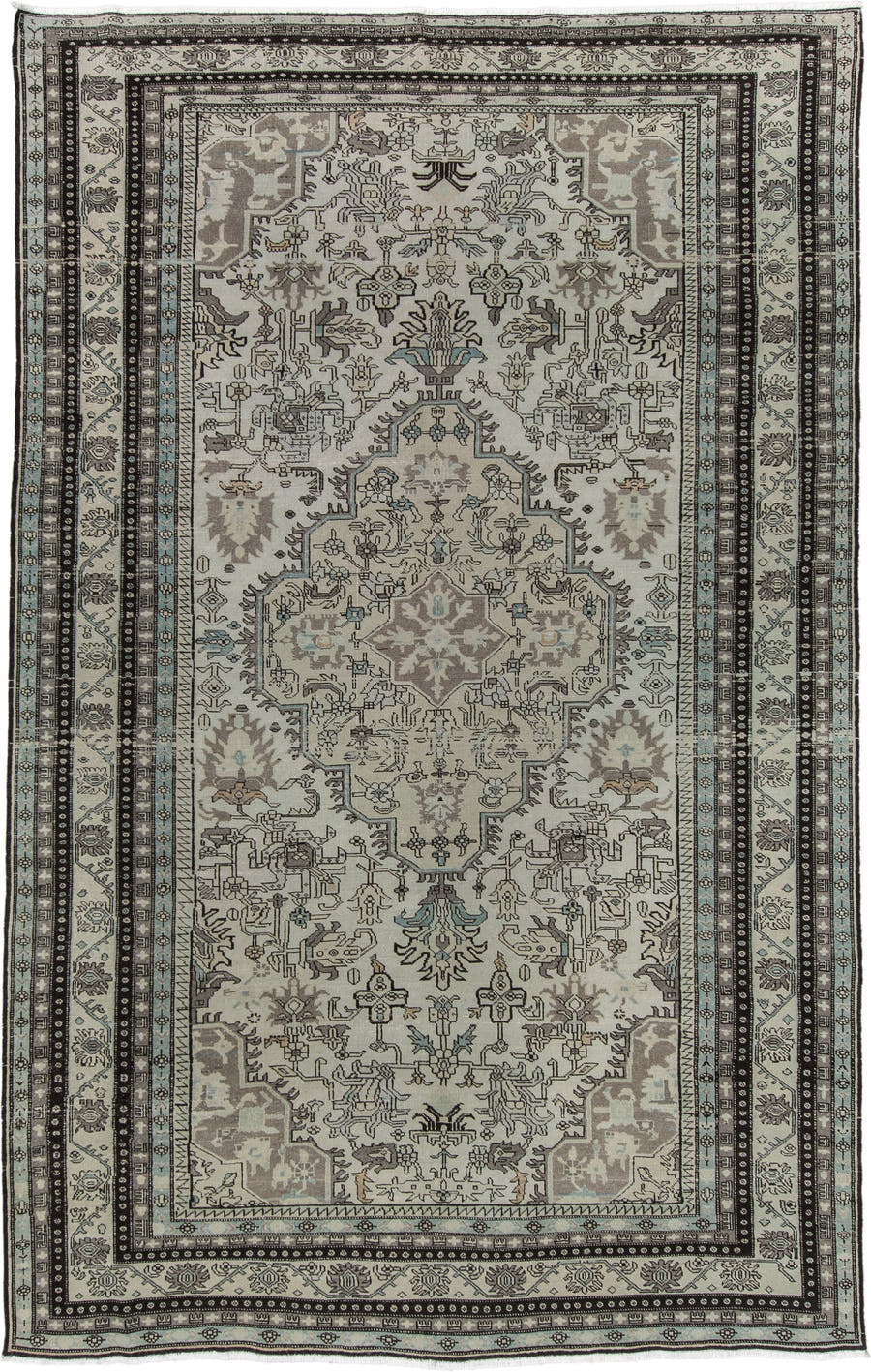 6' x 10' one-of-a-kind handmade vintage Ardebil large size rug. Color palette: ivory, taupe, charcoal, sky_blue, brown