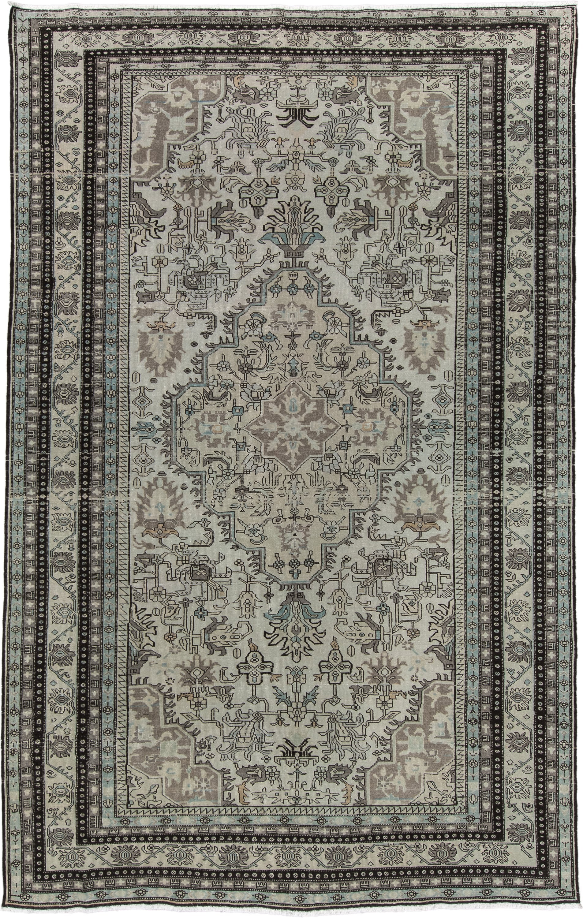 6' x 10' one-of-a-kind handmade vintage Ardebil large size rug. Color palette: ivory, taupe, charcoal, sky_blue, brown