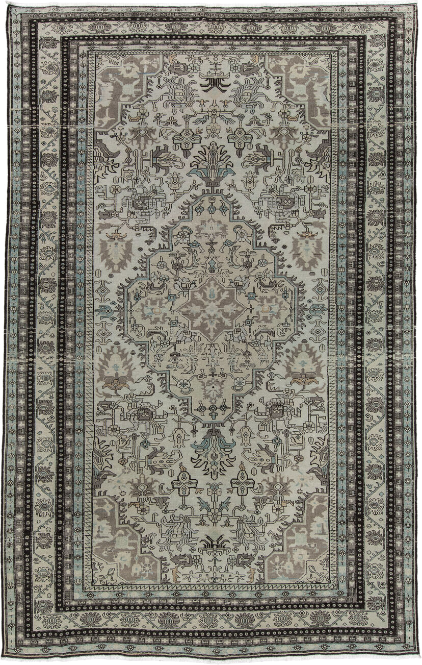 6' x 10' one-of-a-kind handmade vintage Ardebil large size rug. Color palette: ivory, taupe, charcoal, sky_blue, brown