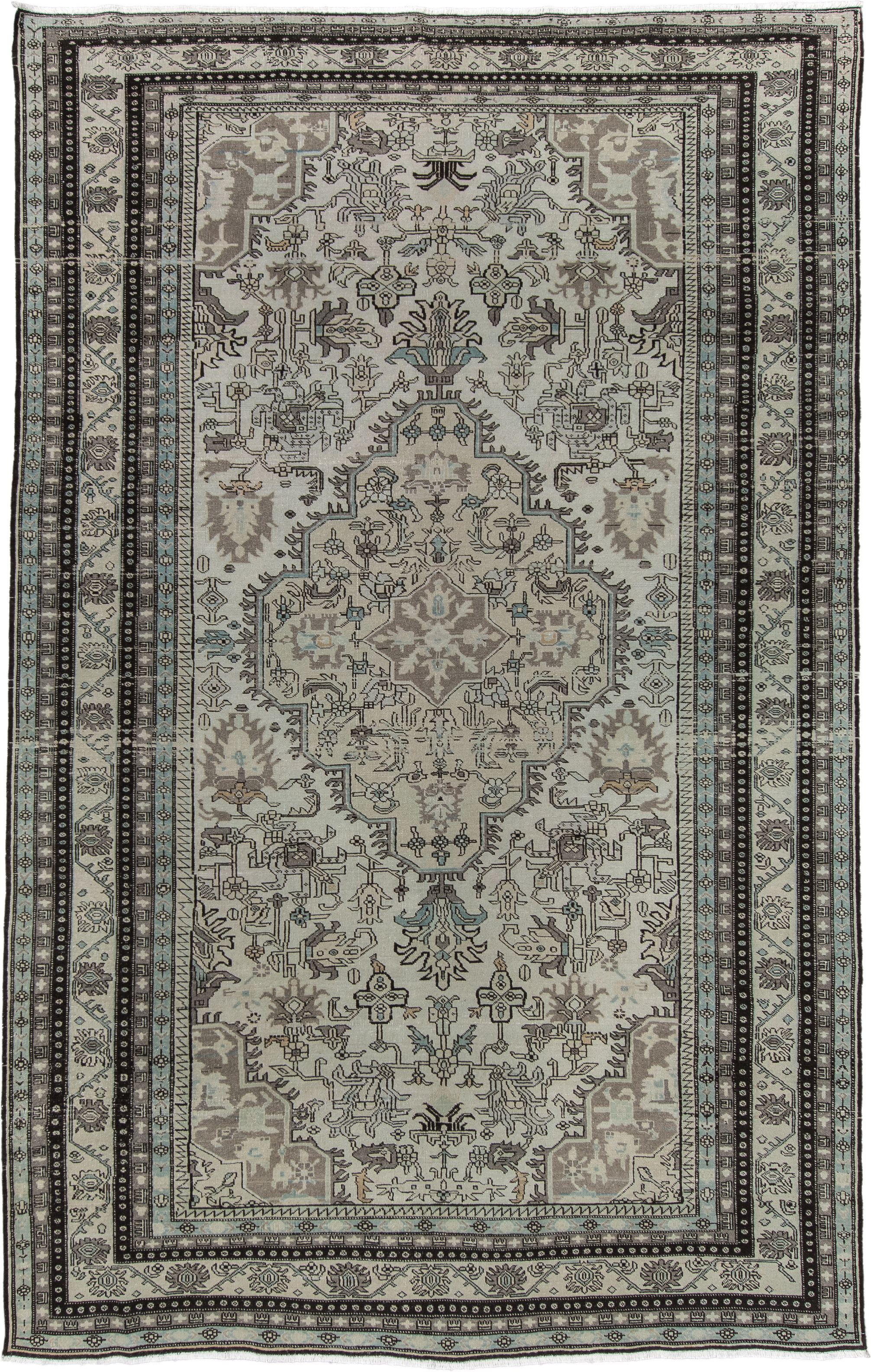 6' x 10' one-of-a-kind handmade vintage Ardebil large size rug. Color palette: ivory, taupe, charcoal, sky_blue, brown