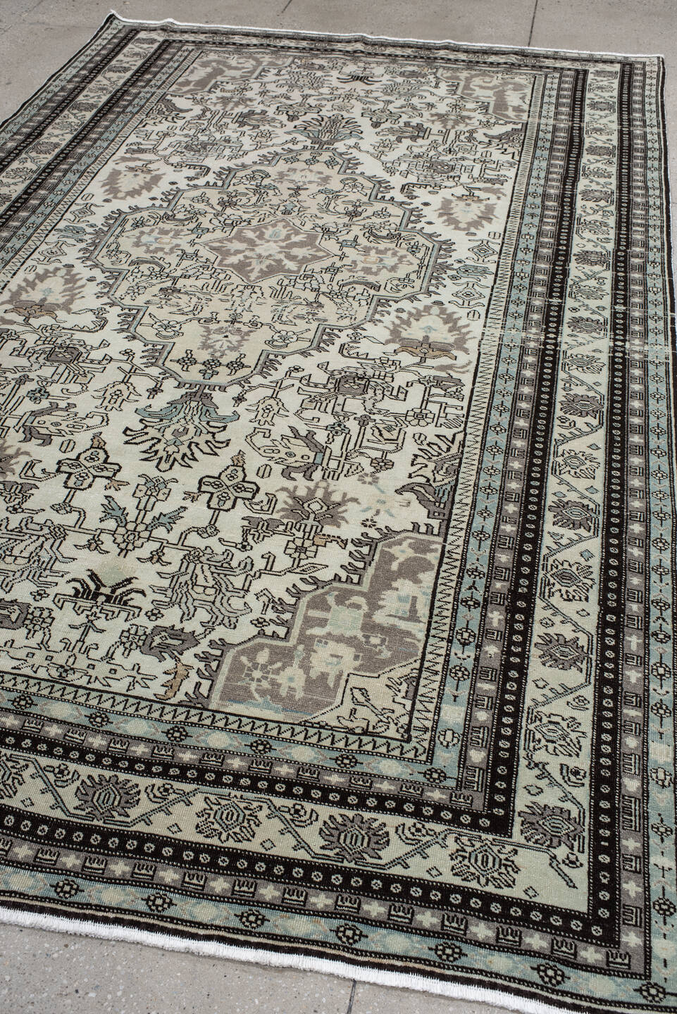 6' x 10' one-of-a-kind handmade vintage Ardebil large size rug. Color palette: ivory, taupe, charcoal, sky_blue, brown