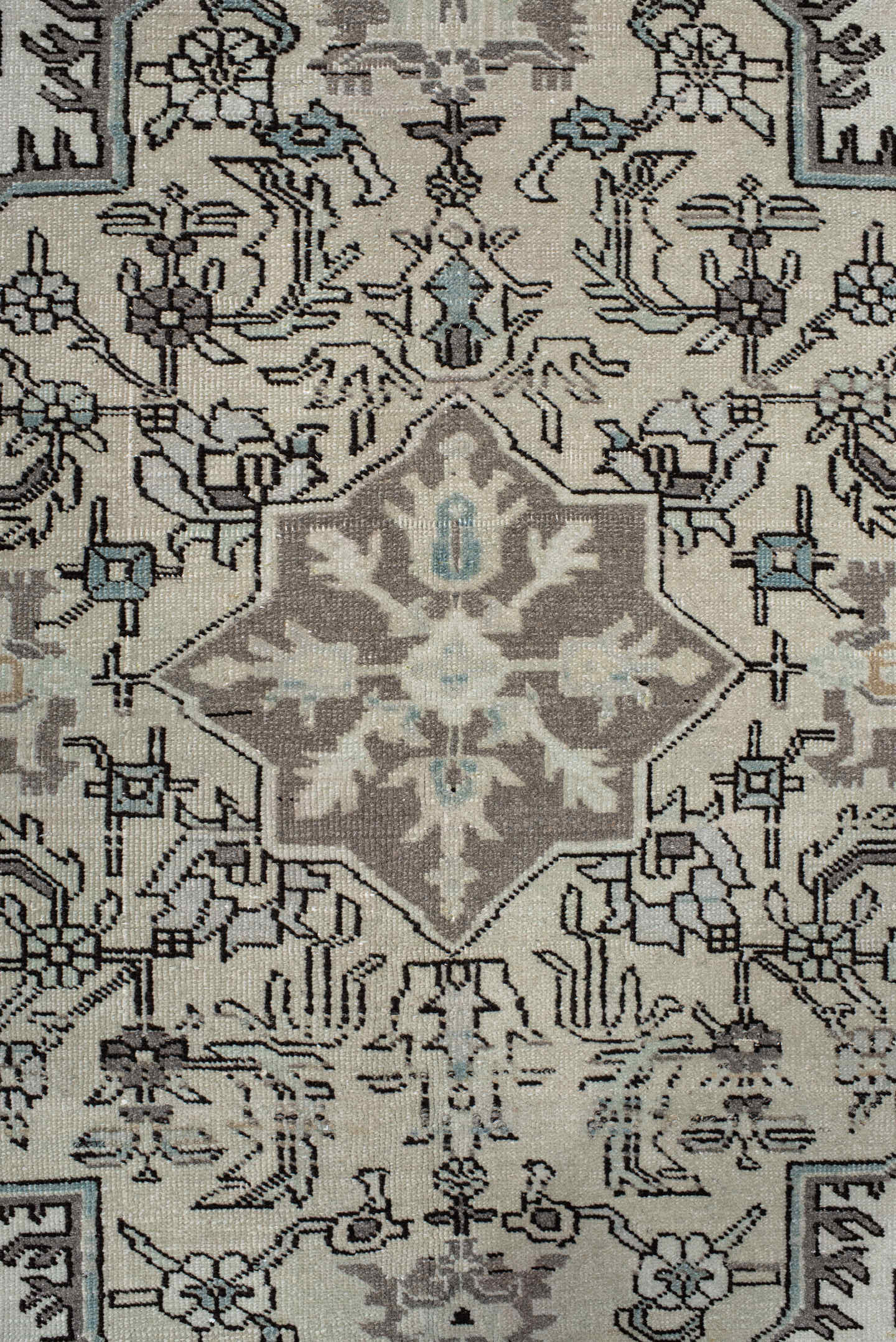 6' x 10' one-of-a-kind handmade vintage Ardebil large size rug. Color palette: ivory, taupe, charcoal, sky_blue, brown