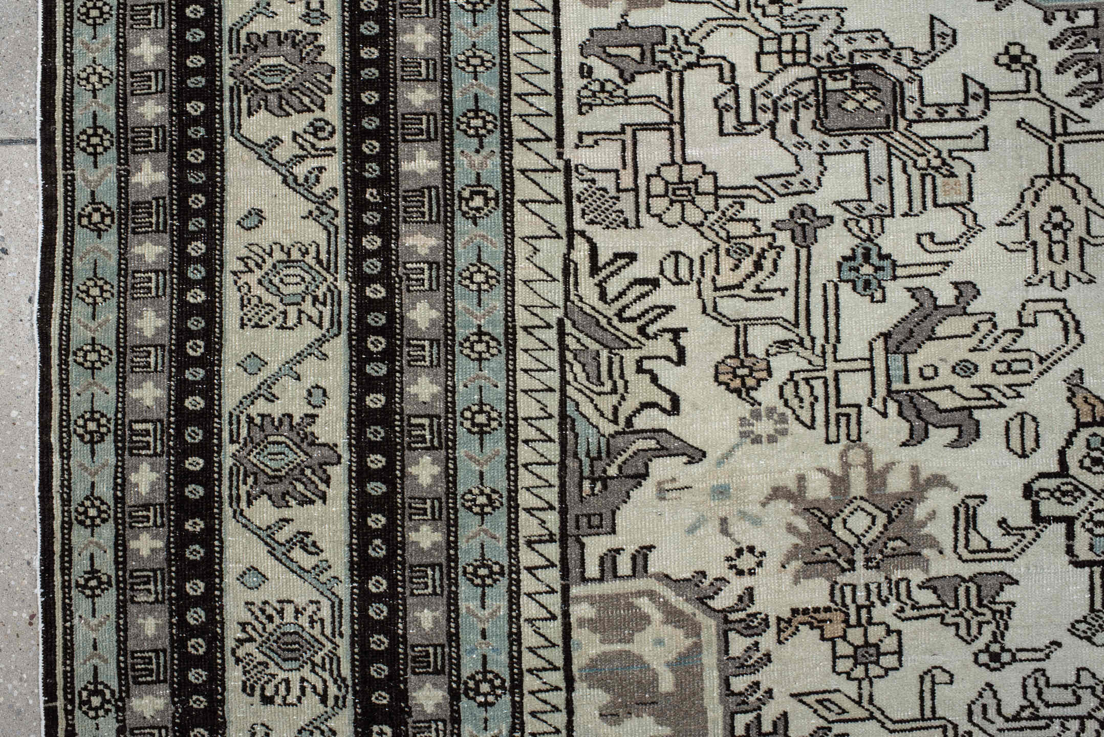 6' x 10' one-of-a-kind handmade vintage Ardebil large size rug. Color palette: ivory, taupe, charcoal, sky_blue, brown