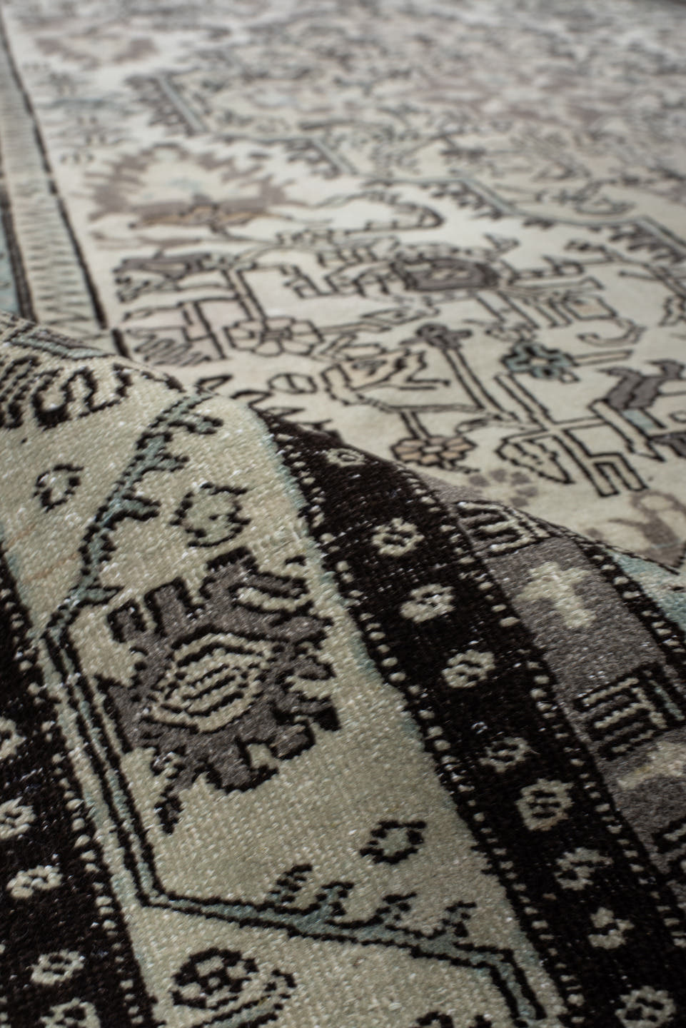6' x 10' one-of-a-kind handmade vintage Ardebil large size rug. Color palette: ivory, taupe, charcoal, sky_blue, brown