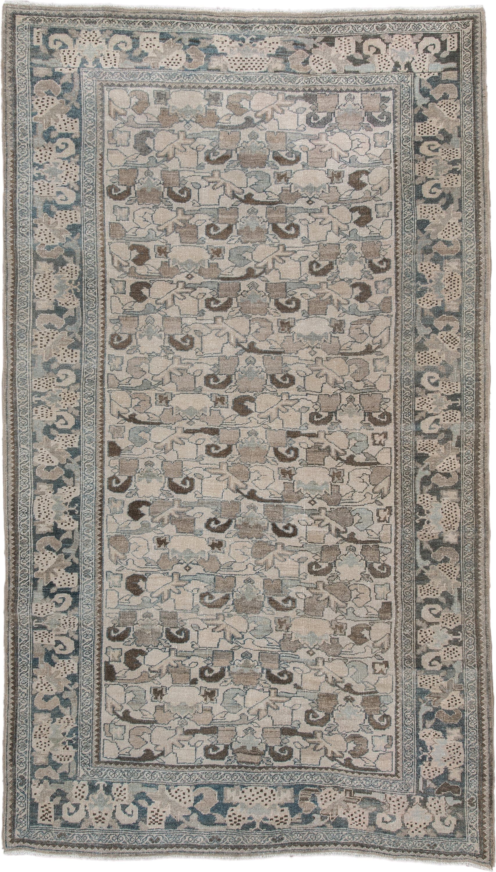 4' x 8' one-of-a-kind handmade vintage Bidjar rug. Color palette: ivory, pale blue, taupe, brown, gray, beige, light blue