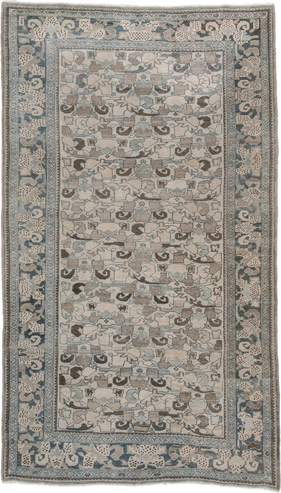 4' x 8' one-of-a-kind handmade vintage Bidjar rug. Color palette: ivory, pale blue, taupe, brown, gray, beige, light blue