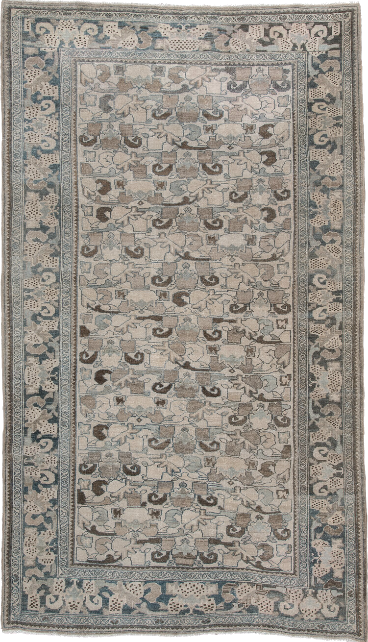 4' x 8' one-of-a-kind handmade vintage Bidjar rug. Color palette: blue, dark gray, dim gray, gray, light gray, off-white