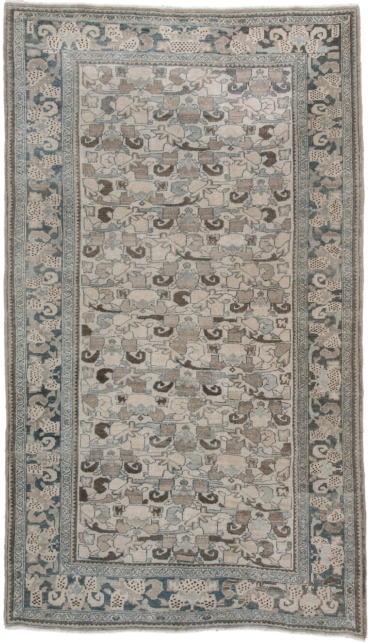 4' x 8' one-of-a-kind handmade vintage Bidjar rug. Color palette: ivory, pale blue, taupe, brown, gray, beige, light blue