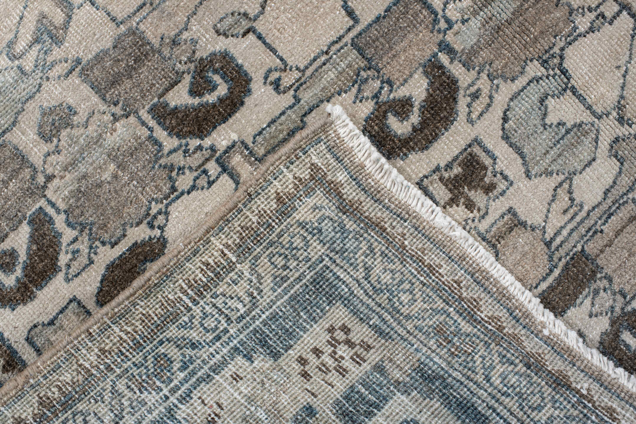 4' x 8' one-of-a-kind handmade vintage Bidjar rug. Color palette: ivory, pale blue, taupe, brown, gray, beige, light blue