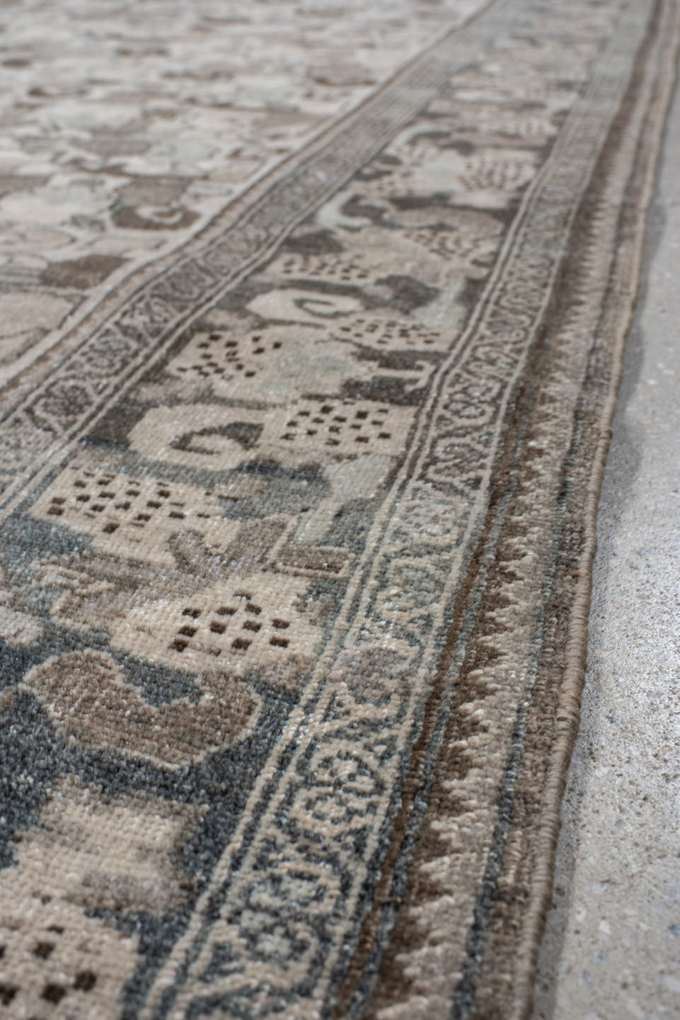 4' x 8' one-of-a-kind handmade vintage Bidjar rug. Color palette: ivory, pale blue, taupe, brown, gray, beige, light blue