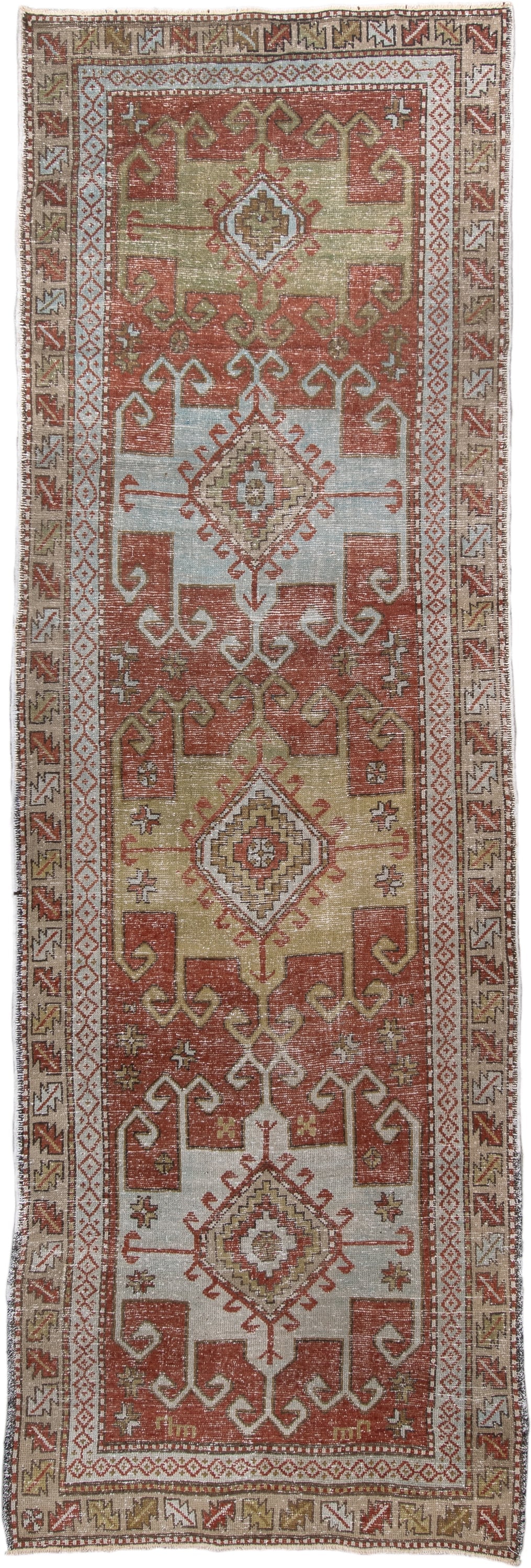 3' x 10' one-of-a-kind handmade vintage NW Persian runner rug. Color palette: rust, ivory, olive, taupe, rose, brown